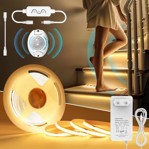 Ruban LED COB 3M avec Détecteur de Mouvement, Bande LED Blanc Chaud Dimmable 3000K, Bandeau Lumineuse LED Autocollant Etanchte IP44, Ruban LED avec Alimentation pour Armoires, Cuisines, DIY, Escaliers