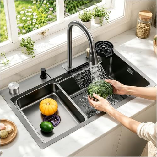 Fregadero de Cocina en Cascada de Acero Inoxidable con Montaje Superior, Fregadero de Un Solo Tazón Nano Negro Multifuncional con Grifo Extraíble y Lavaplatos
