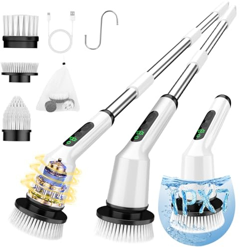 Electric Spin Scrubber for Bathroom, Shower Scrubber with Long Handle | Shower Cleaner Brushes, IPX7 Waterproof & 2 Speed, 3 Brush Heads, 90min Runtime, Bathroom Cleaning Supplies for Toilet Tub