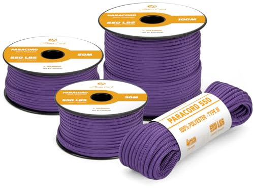 Abma Cord 550 Paracord 4mm 15m Rope 7 Strands Type III Parachute Cord for Crafting, Camping, Survival, Outdoor - Max. 250kg - Purple