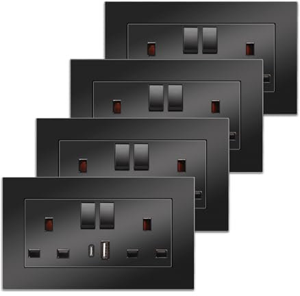 4 Pack CNBINGO Double Switched Power Socket with Dual USB Charging Ports (Type A and C), Black 13 Amp Electric Wall Socket