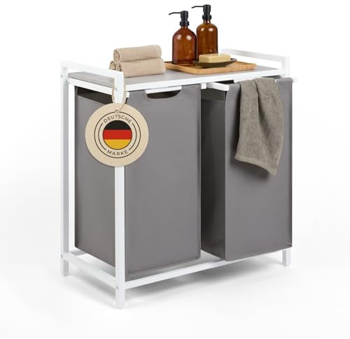 Blumtal Wäschesammler 2 Fächer Grau - Wäschekorb mit Ablage in Beton-Optik - Wäscheschrank mit Metall-Rahmen in Weiß - Wäschekorb mit Beinen - Wäschesortierer 2 Fächer - Wäschekorb mit Füßen