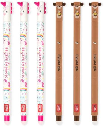 LEGAMI Set mit 6 radierbaren Gelstiften mit thermoempfindlicher Radiertinte, verschiedene Tintenfarben und Schaftdesigns, 0,7 mm Spitze, Einhorn-, Teddybär-Designs
