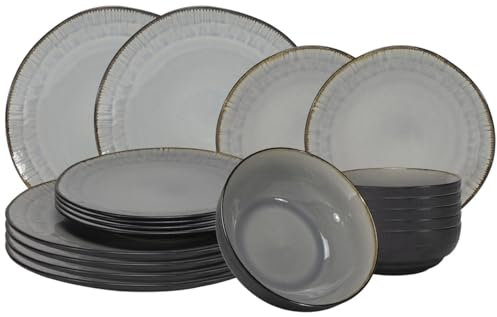 Cookinglife Nola Warm | Service de Table 18 Pièces | Pour 6 Personnes | 6 Assiettes Plates, 6 Assiettes à Dessert, 6 Bols | Gris | Compatible Lave-vaisselle, Micro-ondes, Four