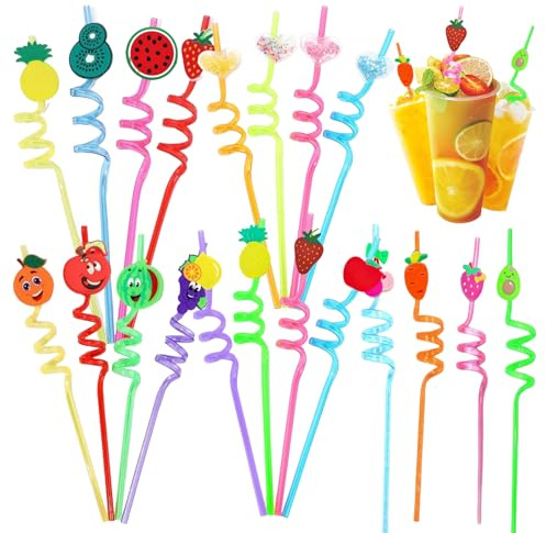Pailles en Plastique,Mengger 20 pièce Pailles en Plastique,Paille Réutilisables Cartoon pour Enfants,Paille Courbées pour Anniversaire D'enfants Pour Jus de Fruits(Multicolores)