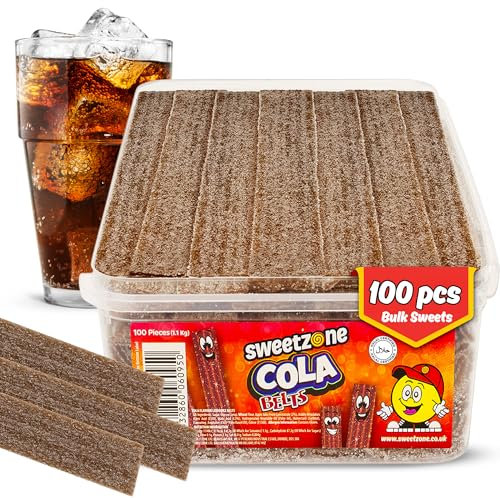 Sweetzone Cola Belts Sour Sweets Tub, Fizzy Halal Sweets Candy in Bulk, 1.1kg Tubs of Retro Pick and Mix, 100 Pcs of Colourful Gummy Strips, Chewy Fruity Treats for Everyone