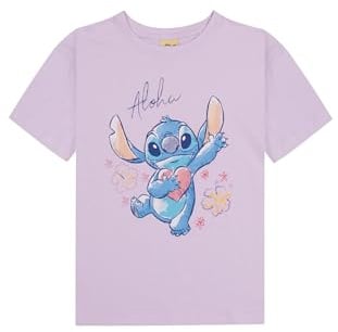 Disney Lilo & Stitch T-Shirt für Mädchen, Kurzarm Kinder Oberteil aus 100% Baumwolle, Lila Shirt mit Aloha Print & Stitch Motiv, Offizielles Merchandise Geschenk für Fans, Größe 122-128