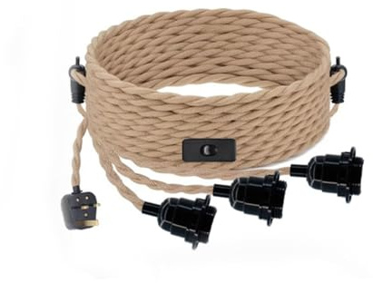 Nordreach 6.8M Vintage Pendant Light Ceiling Lighting Fitting, 3 Lights E27 Lamp Holder Suspended Pendant Light Fitting with On/Off Switch & UK Plug, Natural Jute Rope