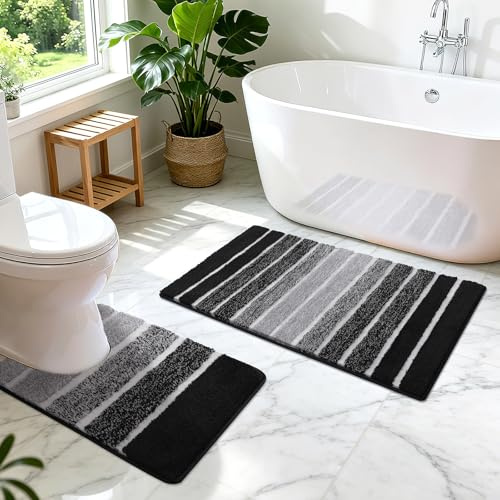 SHACOS Badezimmerteppich Set 2 Teilig Badteppich rutschfest Badematte Schwarz Weiche Badezimmer Teppiche Wasserabsorbierend Duschmatte Waschbar Badvorleger Set, 45x65+50x60cm