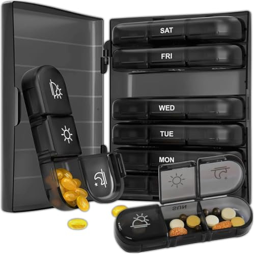 KRUMAD Tablettenbox 7 Tage Klein, Pillendose Morgens Abends mit Fächern, Kompakter Pill Organizer, Medikamentenbox für Tabletten & Supplements, Tabletten Organizer für Woche und Reise
