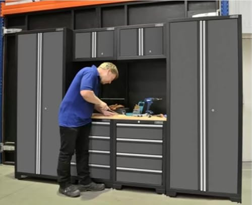 Garage Storage Cupboards Wall Metal Units Large Tool Box Workbench Modular Lock Cabinet Door Drawers Grey Modern Industrial Heavy Duty 7pc Workshop Set