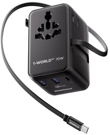 MOMAX Universal Travel Adapter with USB C Cable 70W GaN Travel Plug Adapter | Travel Adapter Worldwide with 2 USB-C & 2 USB-A, 2 AC, Type A/C/G/I Plugs for 200+ Countries, Safe for Laptops, Phones, Black