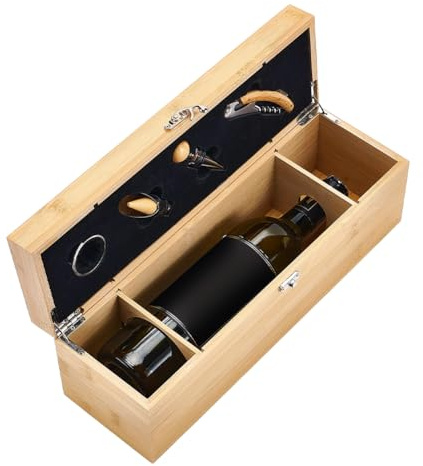 UNICRAFTALE Single Bottle Solid Wood Wine Gift Box For Gifting Presentation | Solid Wood Construction,With 4 Piece Wine Opener Set,Double Metal Latches,36.1x11.1x12cm,Fits Standard Wine Bottles