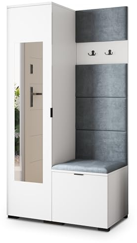 Masseno Flugarderoben Set VIRA, Kleiderschrank-Set mit Spiegel und Sitzbank, Garderobenschrank Flur mit 3 Regalböden, Weiß