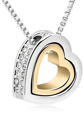Bungsa Damenkette 45cm Silber Gold Halskette Herz mit Gravur Love You Forever - Zweifarbiger Offener herzförmiger Anhänger mit klarem Strass Besetzt - Kette Frauen Liebe - Heart Necklace Love