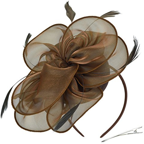 DRESHOW Femmes Fascinator Chapeau Fleur Mesh Plume Mariage Dames Day Bandeau et Clip Cocktail Tea Party Chapeau