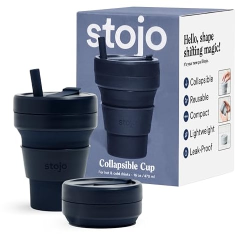 STOJO On-The-Go Biggie Collapsible Coffee Cup with Lid - 16oz / 473ml - Reusable & Foldable Silicone Travel Mug - Portable, Pocket Size - Dishwasher Safe - Denim