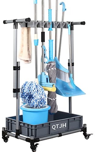 QTJH Movable Floor-Mounted Mop Rack and Broom Holder - Cleaning Cart with Mop Hanger for Garage, Hospitals, Factories, Restaurants