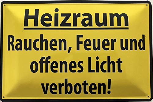 Deko7 Blechschild 30 x 20 cm Warnschild - Heizraum Rauchen, Feuer und offenes Licht vernoten