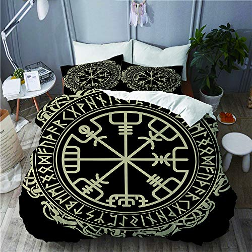 BEITUOLA Bettwäsche-Set, Mikrofaser,Magischer Runenkompass Vegvisir im Kreis der nordischen Runen und Drachen,1 Bettbezug 135 X 200cm + 2 Kopfkissenbezug 80 X 80cm