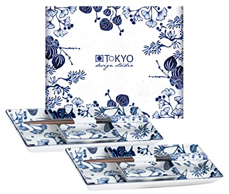 TOKYO design studio Flora Japonica Sushi-Set blau-weiß, 6-TLG., 2X Sushi-Platten, 2X Saucenschalen, 2X Essstäbchen, asiatisches Porzellan, Japanisches Design, inkl. Geschenk-Verpackung