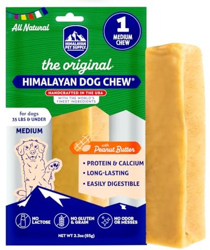 Himalayan Dog Chew Original Yak Cheese Chew, Peanut Butter, 1 Medium Stick, 2.3 oz, Gluten Free, Healthy Treats, Grain & Lactose Free 100% Natural, Long Lasting, for Dogs Under 35 lbs