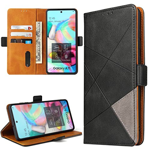 BININIBI Handyhülle Samsung Galaxy A71 Hülle, Samsung A71 Hülle, Premium PU Leder Schutzhülle Abdeckung, Magnetverschluss, Kartenfach, Tasche Flip Case Brieftasche Klapphülle, Schwarz