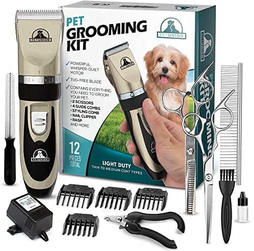 Pet Union Professional Grooming Kit - Rechargeable, Cordless Pet Grooming Clippers & Accessories, Low Noise, Suitable for Dogs, Cats and Other Pets (Gold)