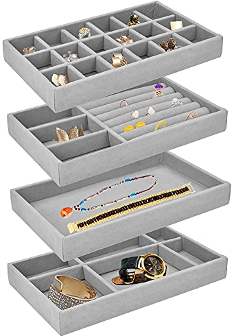 BUZIFU Organizador de Joyas para Cajones, Cuatro Bandejas para Joyería y Bisutería, 21 x 12 x 2,5 cm, Organizador de Pendientes Pulseras Anillos y Collares, Joyero para Cualquier Cajón o Tocador, Gris