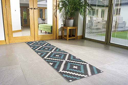 Bravich Modern Geometric Tiles Checkered Pattern Very Long Hallway Hall Runner Narrow Rugs Custom Length Teal Blue & Grey Stair Carpet Mats 60x180CM (2'X6')