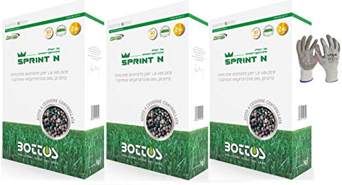 Bottos Sprint N, Concime Fertilizzante azotato per l’esigenza nutritiva del tappeto erboso, 6kg per 240mq (2kg x 3pz) *inclusi GUANTI VF UTILIA IN NITRILE/NYLON*