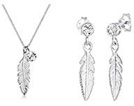 Elli Damen Schmuck Echtschmuck Halskette Kette Anhänger Boho Solitär-Kette Feder Basic Sterling Silber 925 + Ohrringe Damen Ohrringe mit Feder Anhänger Boho Kristalle in 925 Sterling Silber