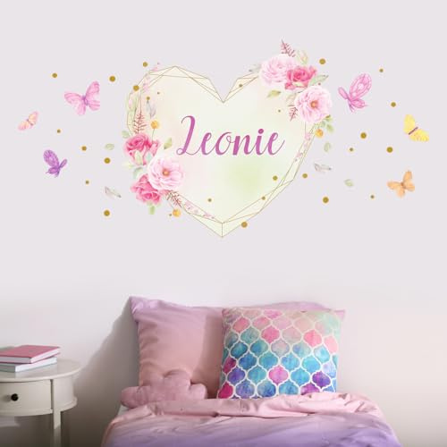 tjapalo®v157 Mädchen Wandtattoo mädchenzimmer name Herz Wandtattoo Name mädchen wandtattoo kinderzimmer mädchen Blumen, Größe: B80xH36cm
