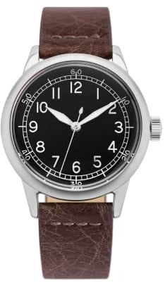 PRAESIDUS | 𝗔-𝟭𝟭 𝗦𝗽𝗲𝗰 𝟮 - Uhren für Herren, Herrenarmbanduhren - A11 Militär - 40mm, mattschwarzes Zifferblatt, braunes Lederarmband - Montiert in den USA | Geschenk