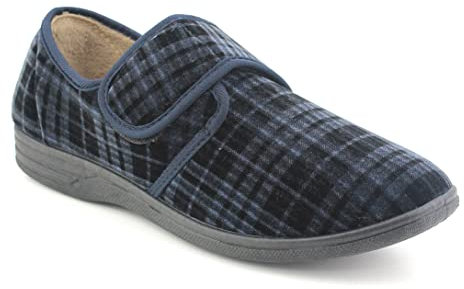 Dr Keller Mens Velour Check Faux Fur Lined Wide Opening Touch Fasten Slippers (Navy), 9 UK