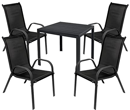 Mojawo Hochwertige Gartengarnitur 5-teilig Gartentisch 90x90cm Anthrazit Grau + 4 Stapelstühle Textilen Anthrazit/Schwarz