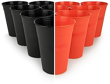 Boozie´s 22 wiederverwendbare Trinkbecher Set (16oz./473ml) - 11 schwarze & 11 rote Becher aus nachhaltigem Hartplastik - spülmaschinenfest & wiederverwendbar. Inkl. 3 Tischtennisbällen
