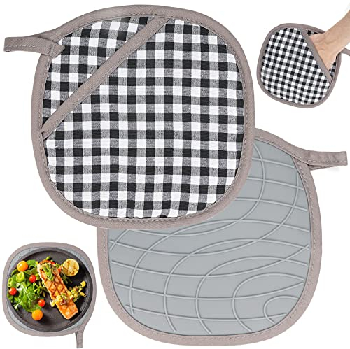 Lot de 2 maniques avec sac, coussinets chauds en silicone et coton, gants de cuisine résistants à la chaleur, maniques avec poignée en silicone antidérapante pour la cuisine, la pâtisserie