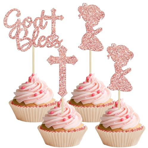 Gyufise 24Pcs Rose Gold Glitter Girl God Bless and Baptism Cupcake Toppers Cross Babyshower Cupcake Picks First Communion Christian Baptism Theme Party Cake Decorations Supplies