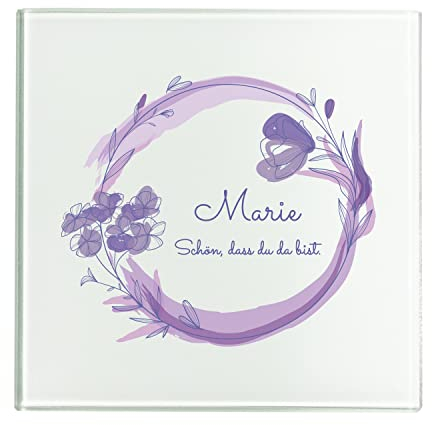 Geschenke 24 Untersetzer aus Glas | personalisiert | Wunschname | Wunschtext | Dekogeschenk | Blumenmotiv| eckig | rund (Quadratisch, Lila)