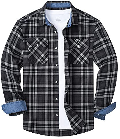 KEFITEVD Hemd Kariert Herren Baumwolle Weich Karohemd mit Kragen Hemdjacke Sommer Dünne Flanellhemd Schwarz-grau 3XL