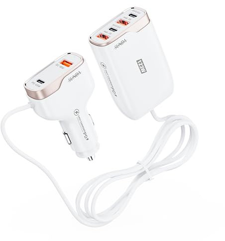 6 Multi Ports USB C Car Charger, 103W Fast Car Charger Adapter, PD 45W Compatible with iPhone13/Galaxy/Samsung S22, Type C Cigarette Lighter USB Charger with 5.7FT Cable for Rear Seat Charging(White)