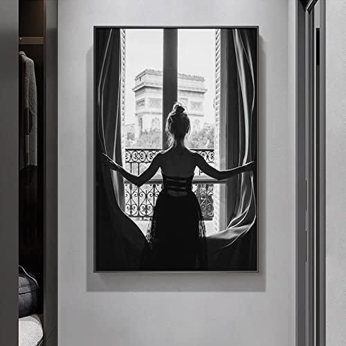 DAFLER Morgen in Paris Mädchen am Fenster Poster Schwarz-Weiß-Leinwandbild Ballerina Wandkunstdrucke Bilder Moderne Wohnkultur 70 x 100 cm Rahmenlos