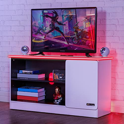 X-Rocker Carbon-Tek White LED TV Unit 4 Shelf Modern Gloss Matte MDF Living Room Cabinet Media Stand Furniture with Customisable RGB LED Lighting for Ambient Lighting, Gloss Finish, 42 TV Supported