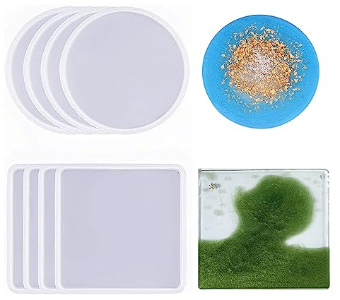 nuluxi Coaster Molde de Silicona 8 Piezas Moldes Resina Epoxi Cuadrada Redonda Moldes de Resina para Posavasos Fundición de Platos para Hacer Posavasos Tapete para Cuenco Bandeja Decoración del Hogar
