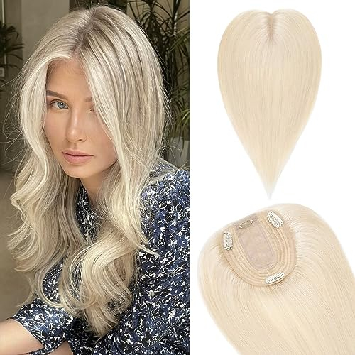 TESS Hair Topper Echthaar Blond, 10x12cm Basis Toupet Damen #60 weiß Blond Haartopper Echthaar 50g 40 cm Haar Topper Clip in Haarteil Extensions