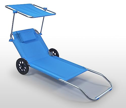 Capra Group sdraio spiaggina da mare e spiaggia in alluminio con ruote regolabile 5 posizioni, con cuscino poggiatesta e tettuccio parasole, sedia carrello Trolley per trasportare oggetti