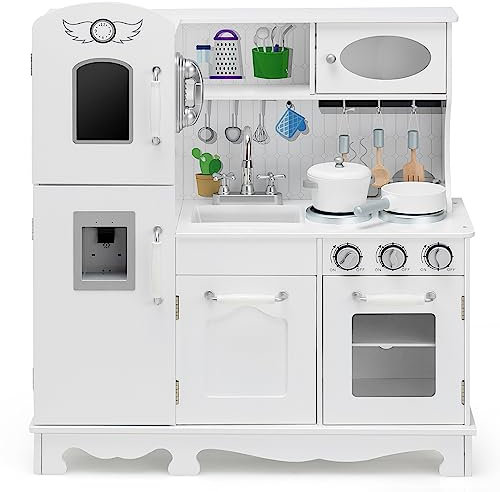 RELAX4LIFE Cucina Giocattolo in Legno per Bambini, Luci e Suoni Realistici, Gioco di Simulazione con Telefono, Frigorifero, Distributore d'Acqua per Bambini 3+ Anni