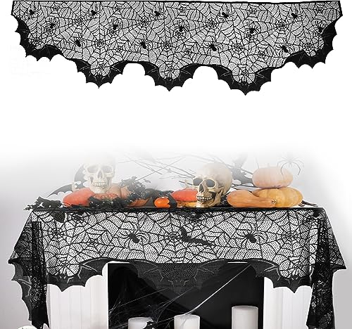 DTYGUIXE Halloween Spitze Spinnennetz Schwarze Spinnennetz-Tischdecke Kamin Spinne Tischdecke Deko Spinnennetz Kamin Decke Halloween Türvorhang Deko für Kamin, Karneval, Party, Garten, Halloween