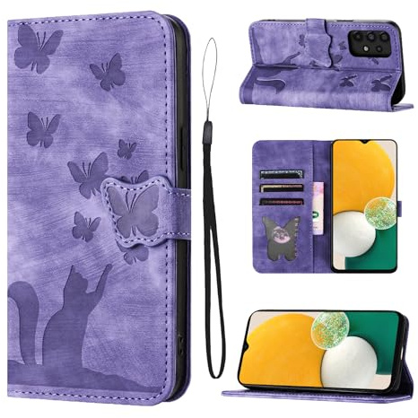 LSPCASA Klappschutzhülle Für Samsung Galaxy A13 4G 6.6 Zoll Standfunktion Samsung Galaxy A13 Hülle Mit Kartenfächern Samsung A13 Hülle Katzen Schmetterlingsmuster Lederhülle Lila